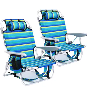 Portable Beach Chair for Adults, Outdoor Camping Chair Lay Flat Folding Backpack Beach Reclining Chair with 4 Positions, Headrest, Cup Holder, Beach Style