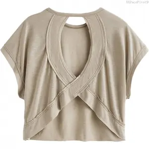 Women Open Back Tops Workout Backless Tee Casual Athletic Shirts Short Sleeve Oversized Gym T ShirtXXPacePivot9