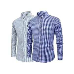 2-Pack Men's Pure Cotton Plaid Casual Long Sleeve Shirts - Blue and White Check Design, Button Collar, Machine Washable, Perfect for Casual Wear, Comfortable Daily Wear Top Fabric