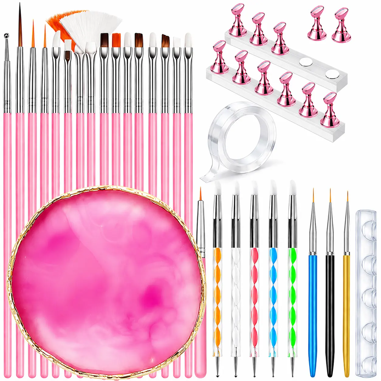 Nail Art Design Tools Set, 15 Pcs Nail Art Brushes, 5 Double Ended Dotting Pens, Mixing Palette, Nail Brush Holder, 10 Nail Stands & Tape for Press on Holder