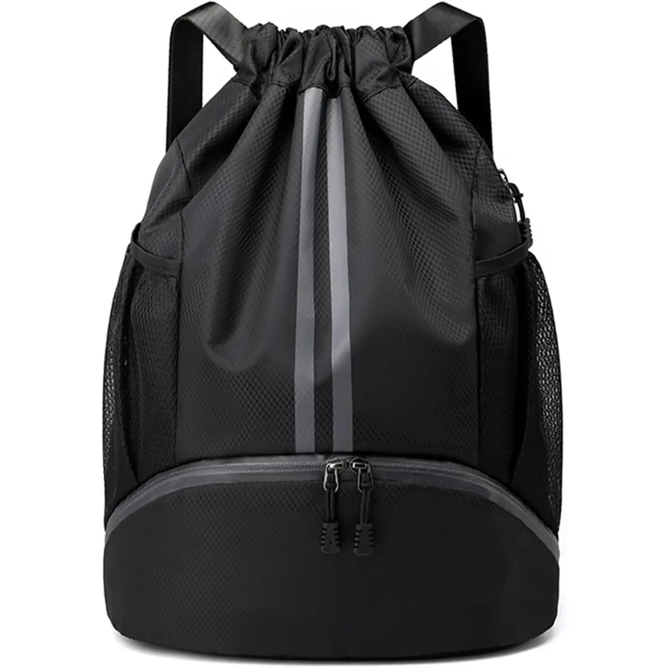 Black Drawstring Gym Bag for Men,  Drawstring Backpack for Women, Swim Bag with Shoes Compartment, Pull String  Bag for Soccer and Basketball.
