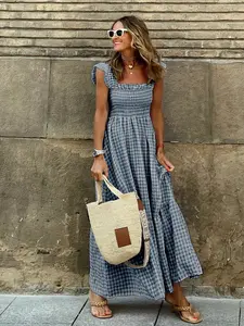 Summer Elegant Women's Patchwork Plaid Halter Tie Waist Maxi Dress, Stylish Summer, Perfect for Casual & Special Occasions