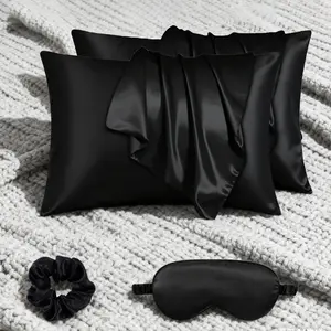 Soft Satin Pillowcase Set with Eye Mask & Hair Tie, Ultra-Soft Satin Stripe Design, Envelope Closure, Hotel-Quality Bedding Protection, Silky Satin Bedding