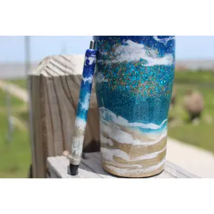 Glitter Beach Tumbler with matching Glitter Refillable Pen, BOTH made with Real Sand, Tumbler and Matching Pen Combo, Beach Tumbler