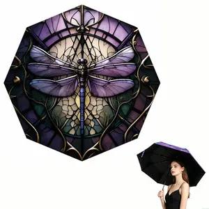 New Automatic Colorful Dragonfly Art Umbrella Large UV Protection Windproof Rainproof Auto Open Close Umbrellas Lightweight Portable Folding Compact Umbrella with Dragonfly Pattern Travel Parasol Umbrellas