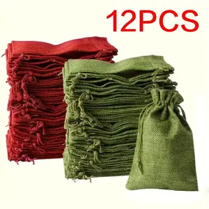 12 Pcs Hemp Drawstring Gift Bags, Reusable Holiday Craft Supplies, Wedding Favors Party Decor, Minimalist Style
