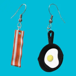 Bacon and Eggs Earrings, Funny Food Dangle Jewelry for Foodie Lover Gift , Quirky Breakfast Accessories, Mismatched Earrings