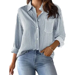 Women's Striped Button Down Shirt - Wrinkle Resistant Regular Fit Blouse, Business Casual Cotton Blend Work Tops