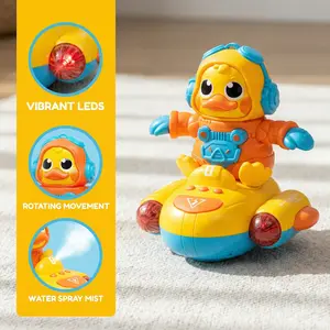 Electric Space Duck Toy with Lights, Music & Mist Spray, 360° Rotating Spinning Walking Toy for Babies & Toddlers 0-24 Months, Battery Operated