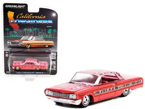 1964 Chevrolet Impala Lowrider Pink Metallic with Rose Graphics and Pink Interior 1/64 Diecast Model Car by Greenlight