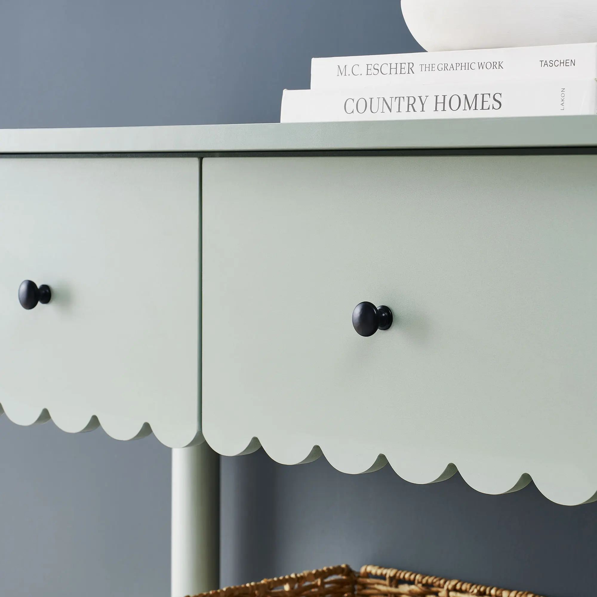 Emmeline 3-Drawer Scalloped Console Table, Sage Indoor Furniture with Living Room Storage