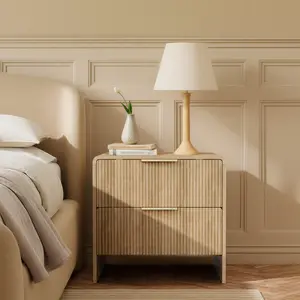 Nightstand with 2 Drawers,18.9" W Modern Bedside Table with Metal Handles,Fluted Side Table,Mid Century End Table Night Stand for Living Room,Bedroom Sofa Office (Natural Oak)