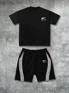 Two-Piece Set Men's Star Print Tee & Track Shorts Set, Loose Casual Round Neck Short Sleeve T-shirt & Adjustable Waist Track Shorts, Summer Clothes Set for Men, Menswear