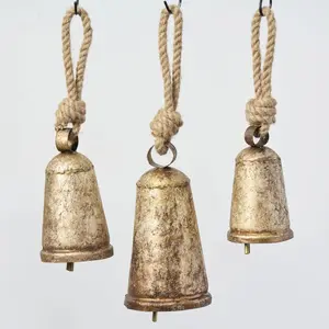 Rustic Antiqued Gold Metal Bells Hanging Holiday Ornament Trio