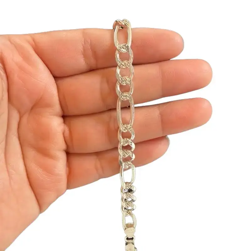 925 Sterling Silver Figaro Chain Bracelet, Unisex Classic Polished Link Chain, 8 in Long, 7.6mm Wide, Standard Size