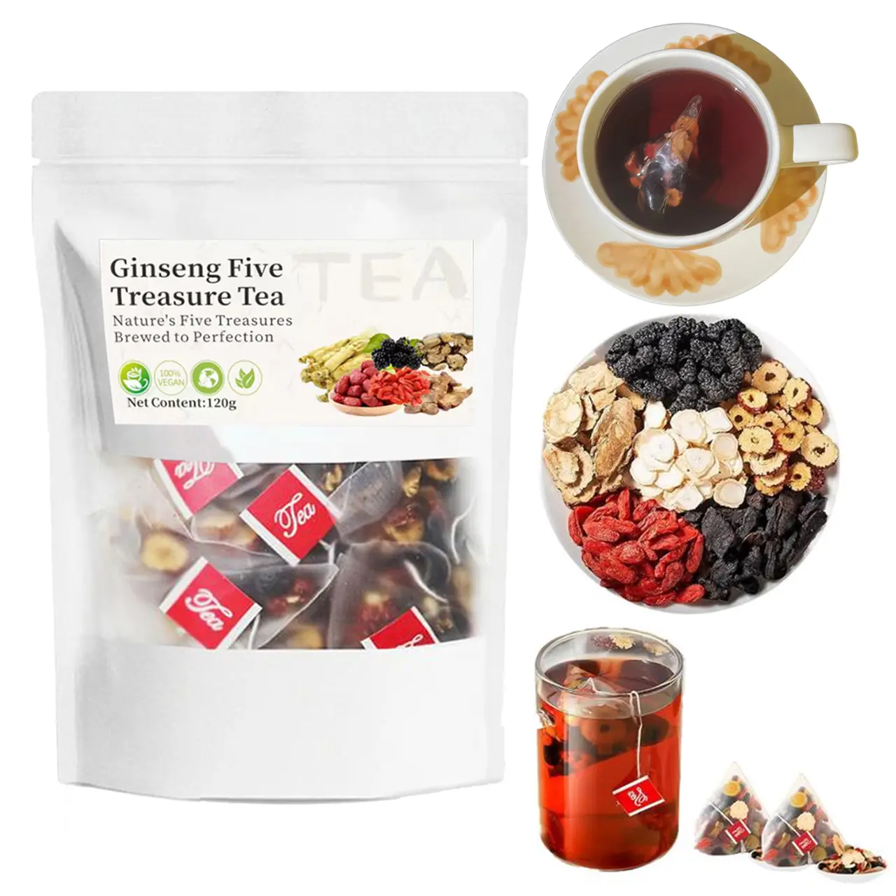 Kidney tea formula Ginseng Five Treasure TeaCombination Scented Tea Treasure Tea RedDate Wolfberry Tea Men's Tea Health TeaMulberry Herbal Formula Health Tea Happiness Tea