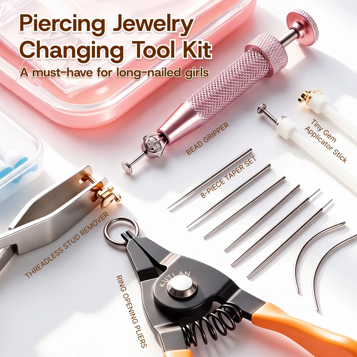 Kutlan Body Jewelry Changer Kit - 9 Tools Set( 14G/16G/18G/20G Insertion Tapers), Bead Gripper, Ring Opening Pliers, Threadless Jewelry Tweezers & Adhesive Stick Set for Nose, Ear, Lip Piercings