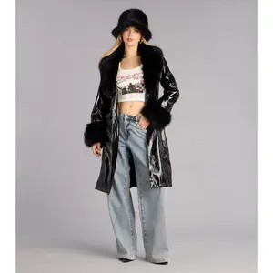 Glam Games Faux Fur Trim Trench Coat