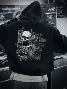 Autumn Winter Hooded Sweatshirt, Unisex Punk Skull Graphic Print, Casual Loose-Fitting Fleece Pullover, Perfect for Daily Wear