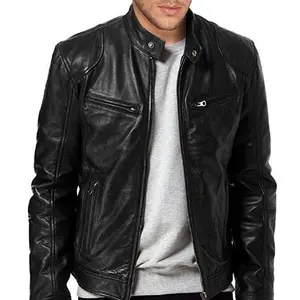 Men's Leather Jacket with Zipper and Stand Collar Punk Style Motorcycle Leather Jacket