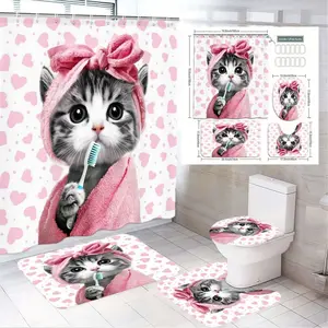 1/4pcsCute Gray White Kitten with Pink Bow & Toothbrush Shower Curtain Set Shower Essentials Kitty - 4-Piece Bathroom Accessories: Bath Mat, Toilet Seat Cover, Small Rug, Heart Pattern - Perfect Valentine's Day Mother's Day Home Decor Restroom