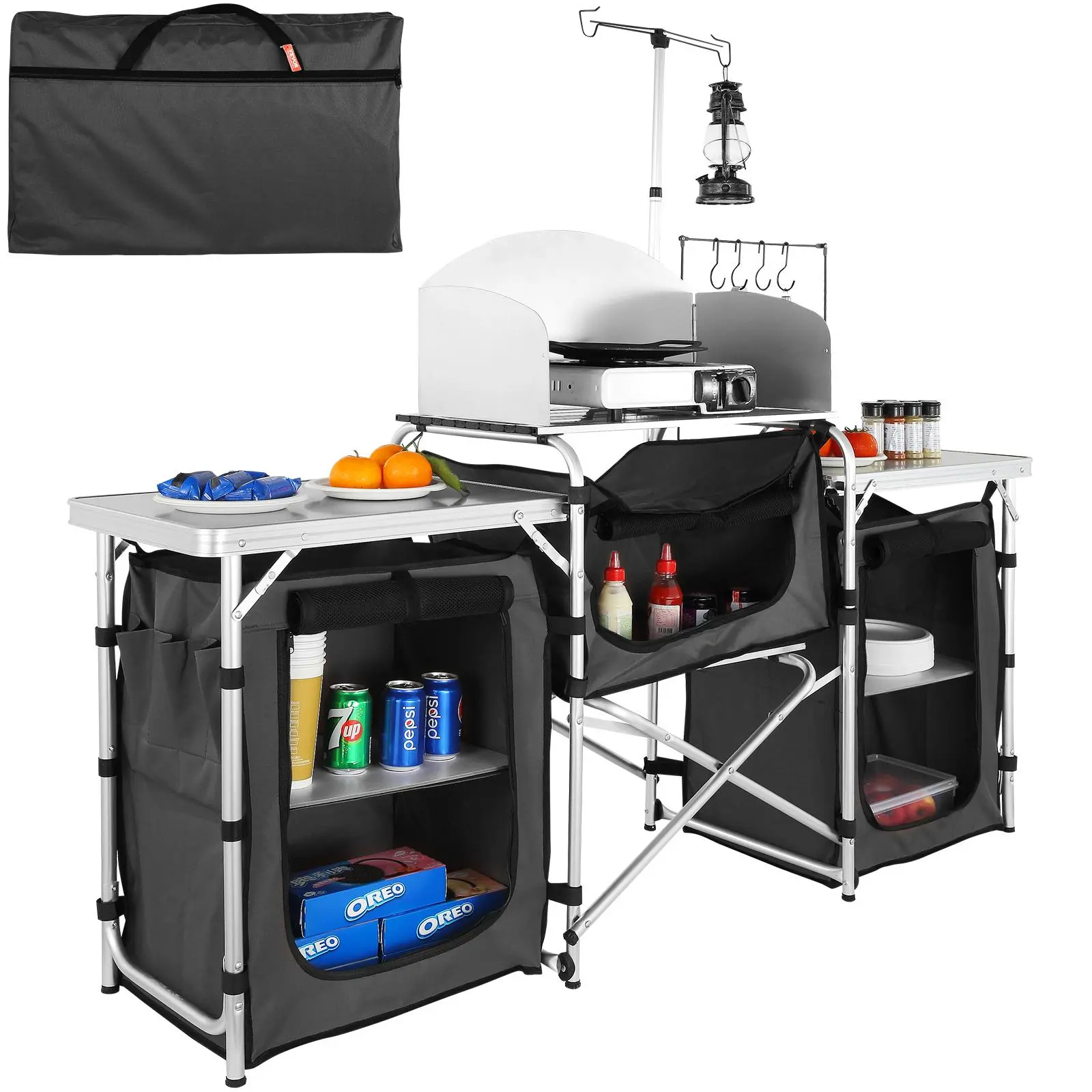 【Summerfinds】VEVOR Camping Kitchen Table, Folding Outdoor Cooking Table with Storage Carrying Bag, Aluminum Cook Station 3 Cupboard & Detachable Windscreen, Quick Set-up for Picnics, BBQ, RV Traveling, Black