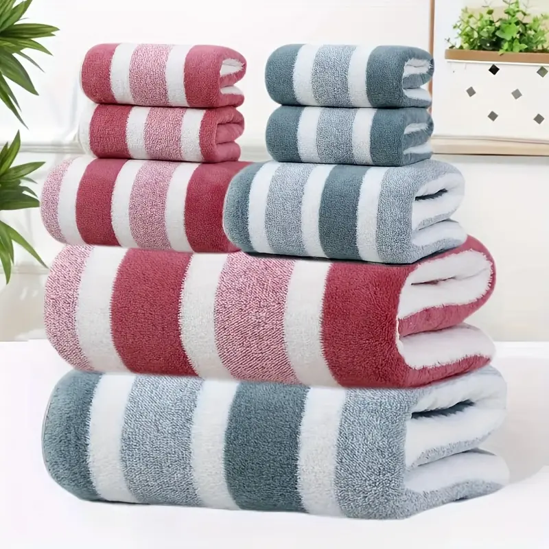 8pcs Non-Hair-Free Super Absorbent Ultra-Soft Five-Star Hotel Standard Two-Color Striped Bath Towel Set, Including 2 Bath Towels, 2 Face Towels, 4 Hand Towels, Quick-Drying, With Hanging Ring, Light Luxury, Bath Towel Sets
