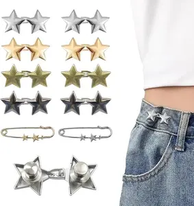 10 Set Pant Waist Tightener Star Buttons Pins for Loose Jeans Reusable Waist Cincher Clip Metal Star Brooch for Clothing Dresses Skirts No Sewing Decoration Accessories