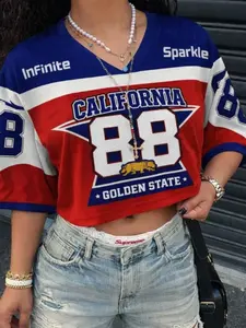 Y2K California Golden State 88 Short Sleeve Jersey, Blue Color, Loose Fit V Neck, Blokecore Street Style Women's T-Shirt