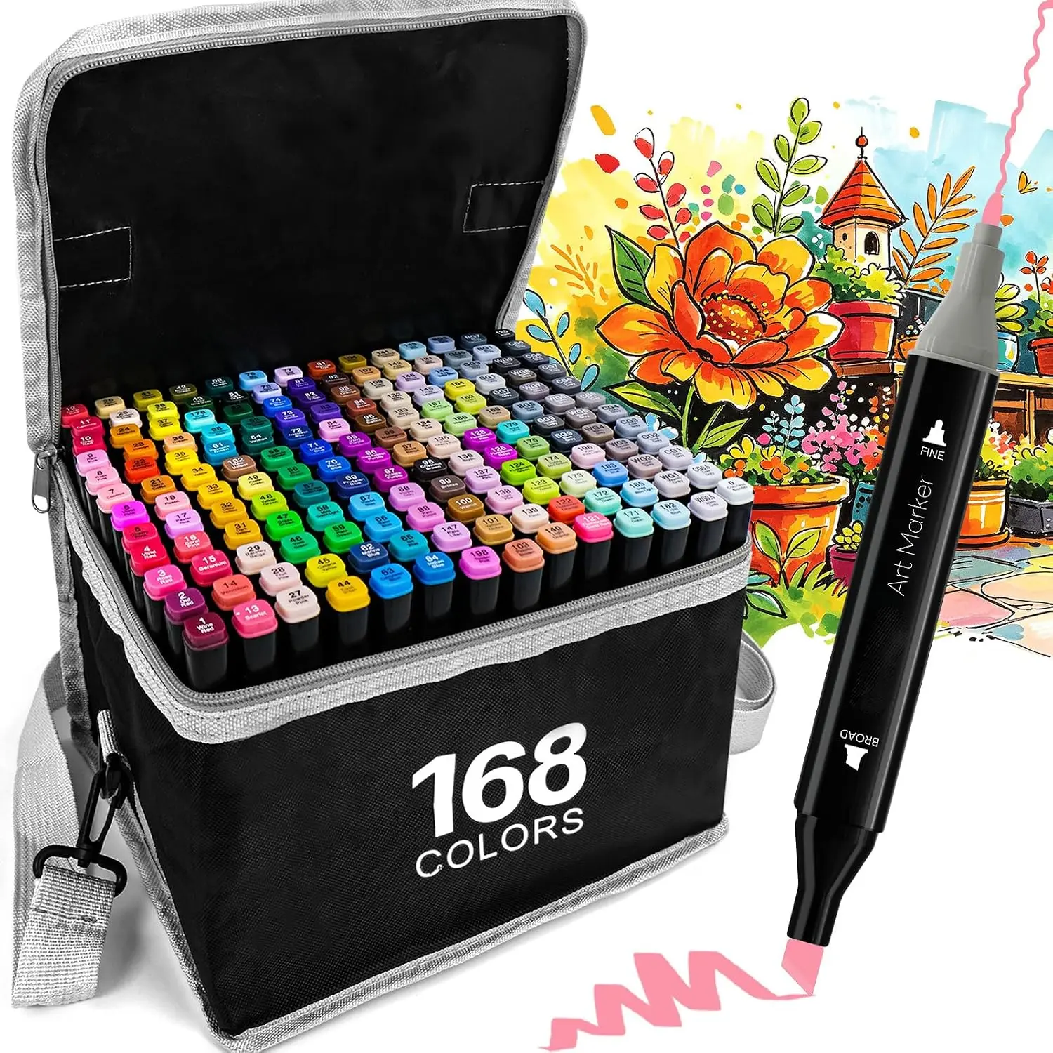 Professional Drawing Markers Set for Artist Coloring Books,  Black Permanent Dual Tip Alcohol Markers with Holder, Coloring Marker for School Sketching Coloring, Art Kits for Kids and Adults