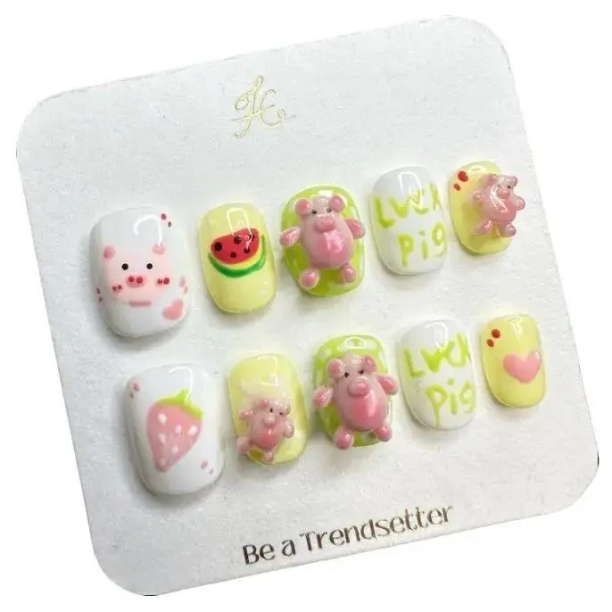 WearCute Reusable Wear Strawberry Watermelon Fruit Almond Press-On Nails Set (M Size) - Detachable, Gel-Based, Cost-Effective, UV Light Compatible, Safe & Comfortable Materials, Included Tools & Glue, Women & Girls, Long-Lasting, Nail Lovers