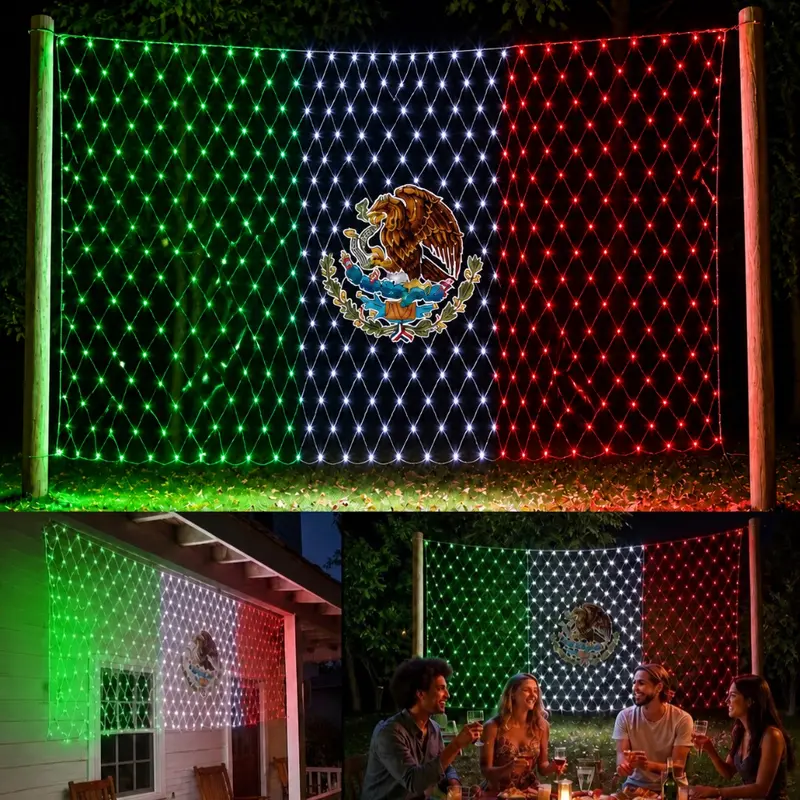 Mexican Eagle Pattern LED Net Light, Green-White-Red Tricolor Hanging Mesh Light, Backdrop Holiday Decoration for Fiesta Party, Courtyard & Garden Patio Decor, 6.6×3.3 ft Indoor-Outdoor Wall Decor, Courtyard Decoration