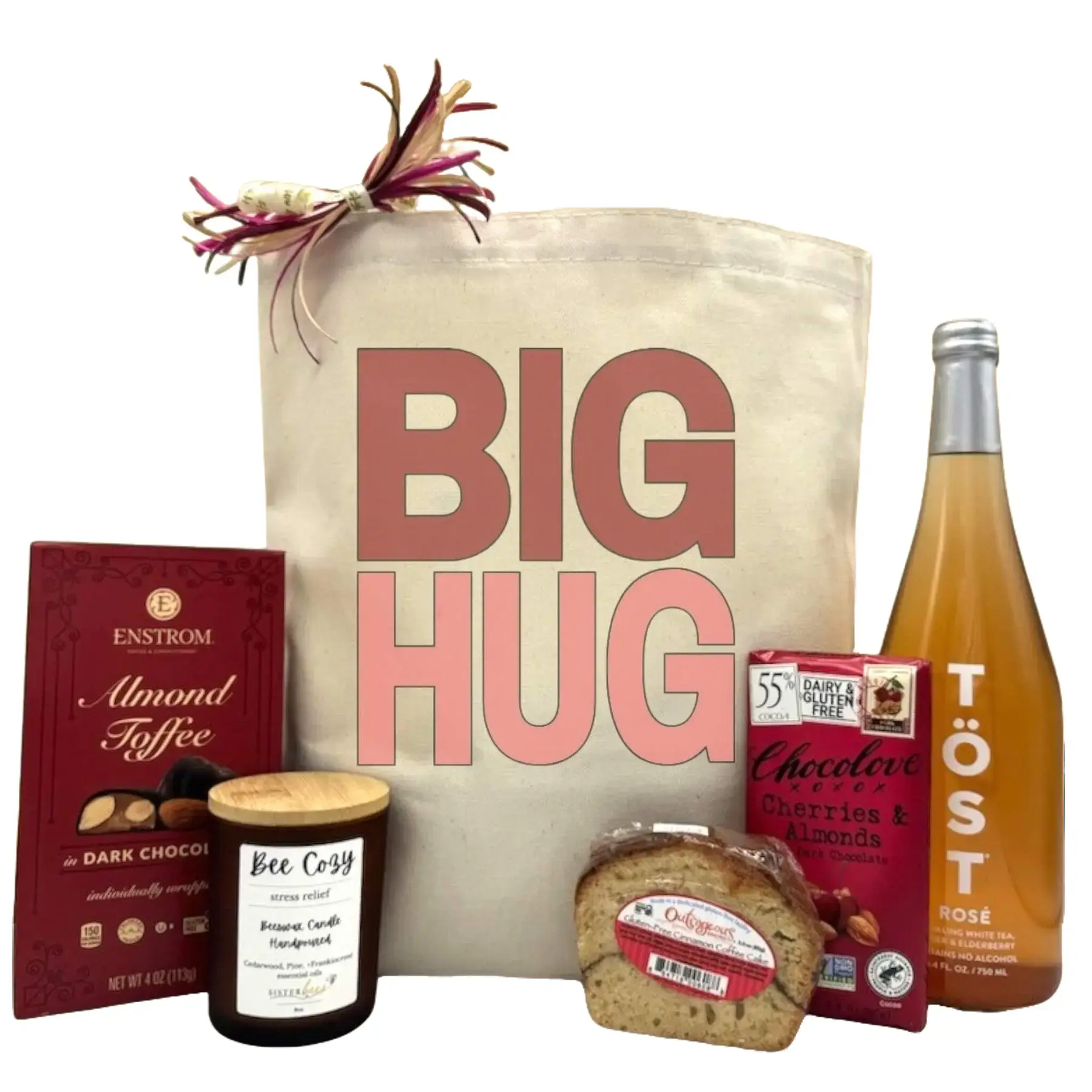 Itsonlynaturalgfts Big Hug Valentine's Day Edition Gift Basket with Almond Toffee Dark Chocolate Bee Cozy Candle Töst Rosé Wine and Chocolate Cherries & Almonds
