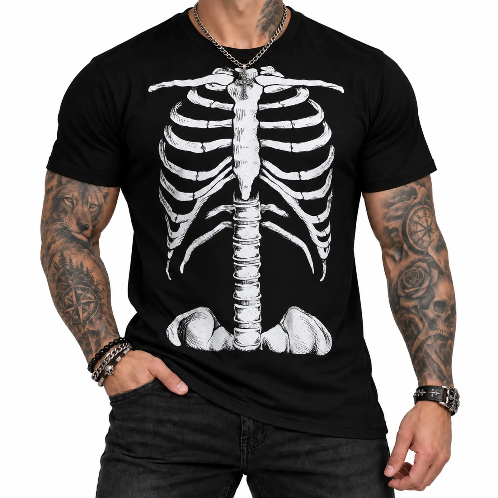 Jumbo Skeleton Rib Cage Graphic T-Shirt, 100% Cotton, Crew Neck, Regular Fit, Unisex for Adults, Halloween Casual Clothes Menswear Top