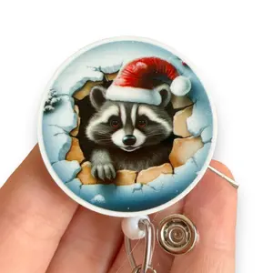 Glitter My Badge Christmas raccoon badge reel for nurse and hospital workers. Badge clip Badge pull - Retractable swivel clip with a 360 rotation. Great gift for coworker.
