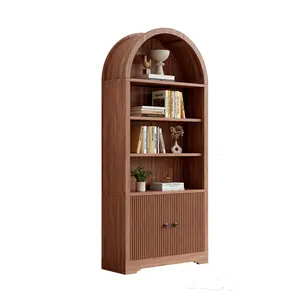 70.08" Tall Arched Bookcase, Fluted Arched Storage Cabinet with Doors, Mid-Century Modern 6-Tier Bookshelf with Open Display for Office, Living Room