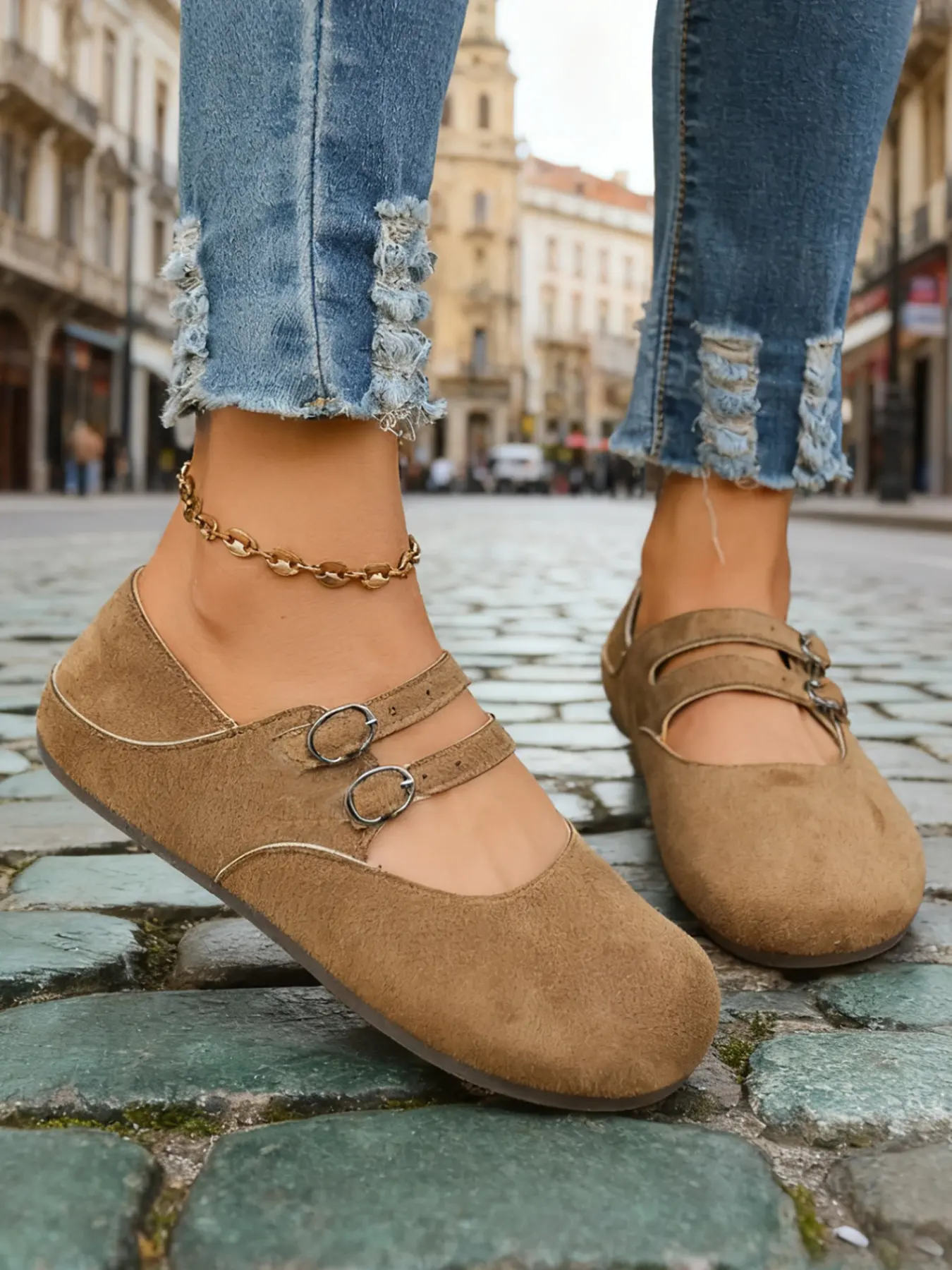 Spring New Round Toe Vintage Classic Low-Top Flat Mary Jane Women Shoes Rubber, Casual Walking Shoes, Height Increasing Dual Buckle Birkinstyle Single Shoe, Versatile, Stylish, Chic Shoes