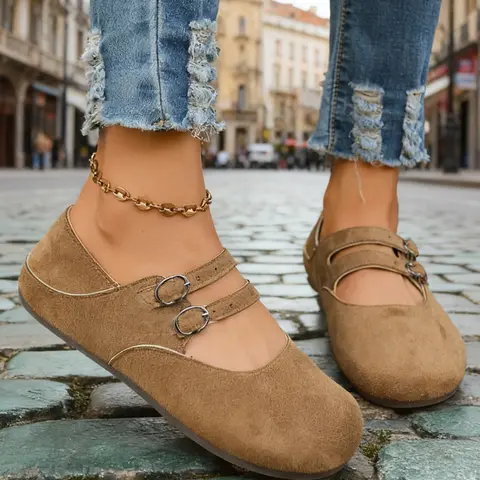 Spring New Round Toe Vintage Classic Low-Top Flat Mary Jane Footwear Women Shoes Rubber, Casual Walking Shoes, Height Increasing Dual Buckle Birkinstyle Single Shoe, Versatile, Stylish, Chic Shoes