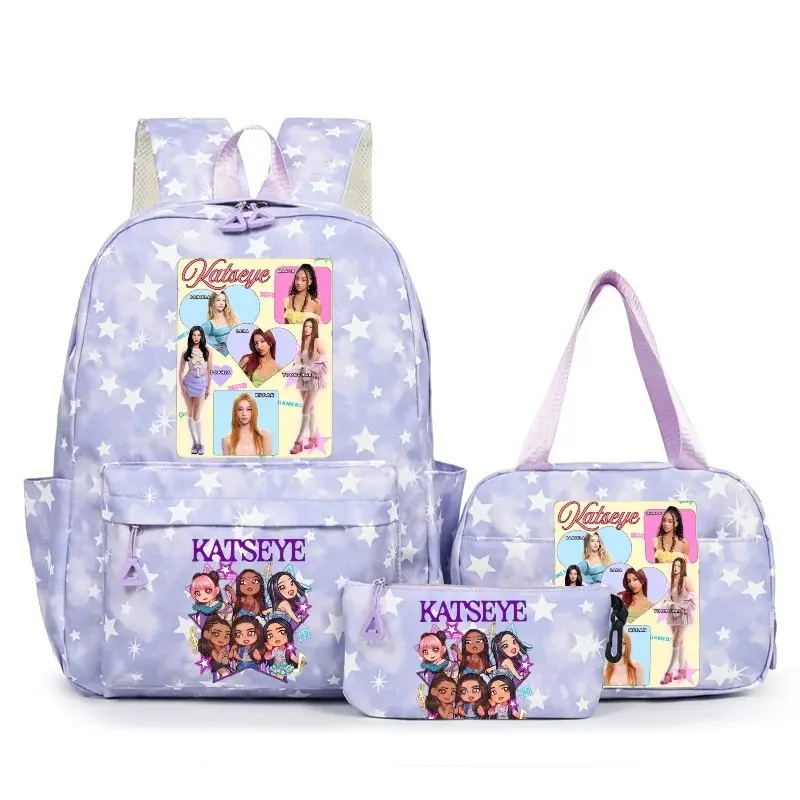Music Katseye Backpack Leisure Snow Print 3pc Capacity Junior/High School Student School Bag With Lunchbag Travel Mochila Female