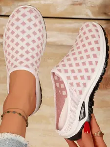 Women's Plaid Flyknit Thick Sole Half Slipper, Casual Comfortable Home Commute Lazy Versatile Slippers, Textile Upper Material