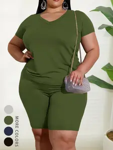 Plus Size Women's 2-Piece Summer Stretchy Suit Set, Basic Simple Fitted Style for Work, Casual and Sports Wear, Stylish Comfort for Gatherings