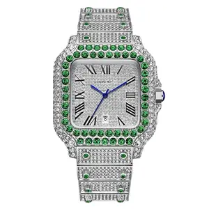 Dayand Night 2025 Luxury Unisex Analog-Digital Watch - 42mm Iced Out Moissanite Diamond, Square Roman Numerals Dial, Mineral Glass, Alloy Case, Calendar Function, Clasp Closure, Business Casual Quartz Timepiece for Business Events, Anniversaries Gifting