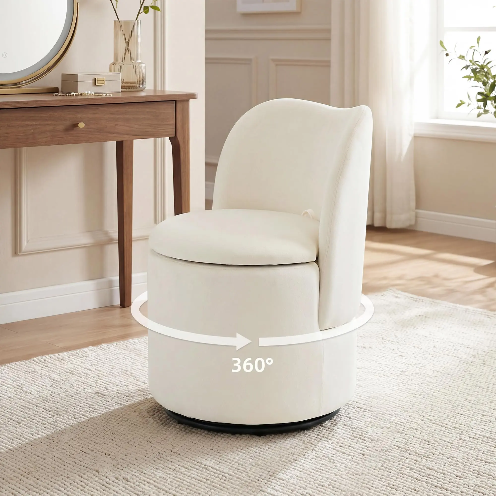 Garvee Velvet Vanity Chair with Storage, 360° Swivel Makeup Chair with Back, Modern Swivel Accent Stool Barrel  Chair Upholstered Ottoman Vanity Stool with Back for Bedroom, Dressing, Living Room, White