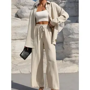Plus Size Solid Color Button-Front Shirt and Drawstring Waist Pants Set — Casual Off-Shoulder Long-Sleeve Top and High-Waisted Pants, Spring/Autumn Two-Piece Set for Women’s Wear, Airport Outfit, Loose Suit GARMENTARY