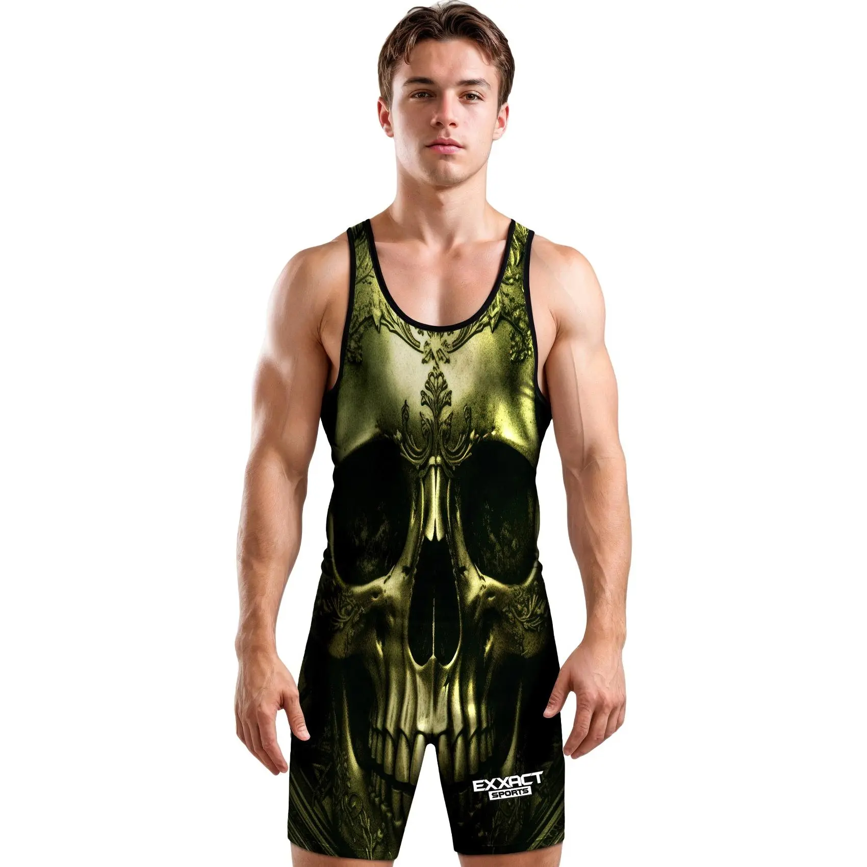 Exxact Sports Men's Skull Sublimated Wrestling Singlet - Compression 4-Way Stretch Fabric for Male Athletes, Breathable Polyester Spandex for MMA & Powerlifting, Martial Arts, Fitted, Tummy, Arms, Multi-Size