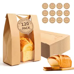 120 count Paper Bread Bags for Homemade Bread, Sourdough Bag with Window, 13.7 x 8.3 x 3.5 Inch Large Brown  Bakery Bags for Storing Loaves & Snacks, Includes 130 Sealing Stickers