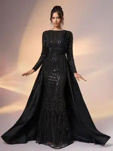 Women's Formal Evening Gown, Luxurious Elegant Sequin Patched Satin Cape Long Sleeve Dress, Perfect for Gala Events and Parties