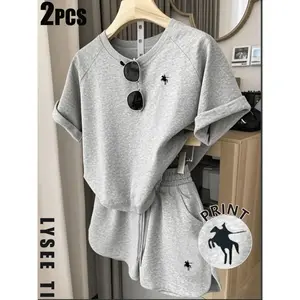 2PCS casual knitted fabric fashionable sports round neck short sleeved T-shirt+stretch warm shorts paired with a two-piece setRAIMENTRY
