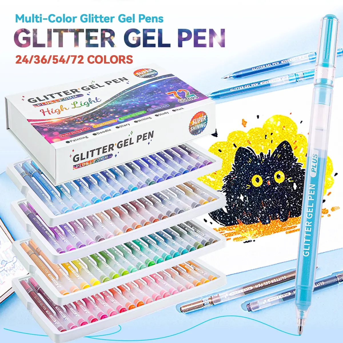 High Gloss Gel Pen Set, 72/54/36/24 Color Glitter Fluorescent Pens, Ultra Large Capacity Metal Glitter Gel Pens, 1mm Bullet Tip, Office Stationery Supplies, Gift Pen, Ink Gel Pens