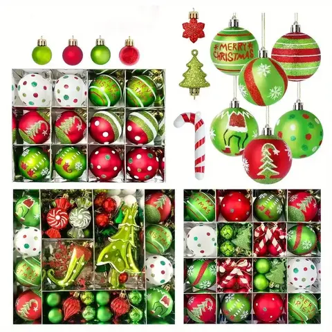 46-Piece Red/Green/White Christmas Ball Decoration Set - Polka Dot Hanging Ornaments, Sparkling Plastic Tree Decor, Festive Decoration, For Home Indoor Holiday Party, Black Friday Deal: Halloween/Christmas/New Year Gift